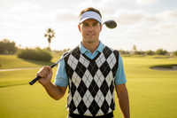 Create me a man looking at the camera not too close. i want him to be holding a golf club with a golfing hat on